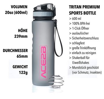 ACE2B Trinkflasche ace2b Trinkflasche Sportflasche Fitnessflasche Pink 600ml mit Shaker