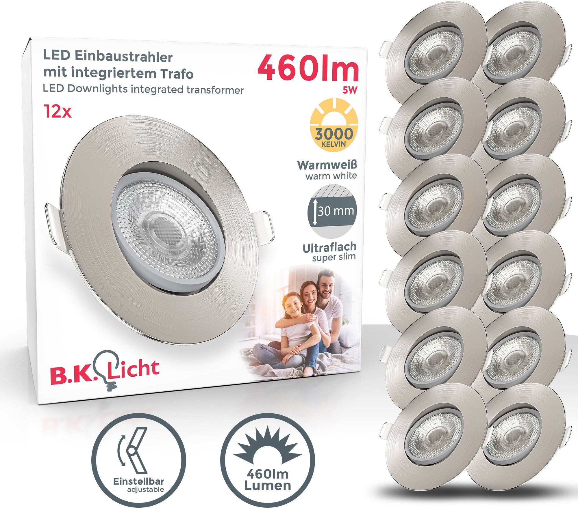 Einbauleuchte, LED fest SET IP23, LED schwenkbar, 12er Warmweiß, Deckenspots, B.K.Licht ultra-flach, Einbaustrahler, integriert,