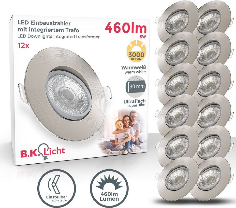 B.K.Licht LED Einbauleuchte, LED fest integriert, Warmweiß, Deckenspots,  schwenkbar, Einbaustrahler, ultra-flach, IP23, 12er SET