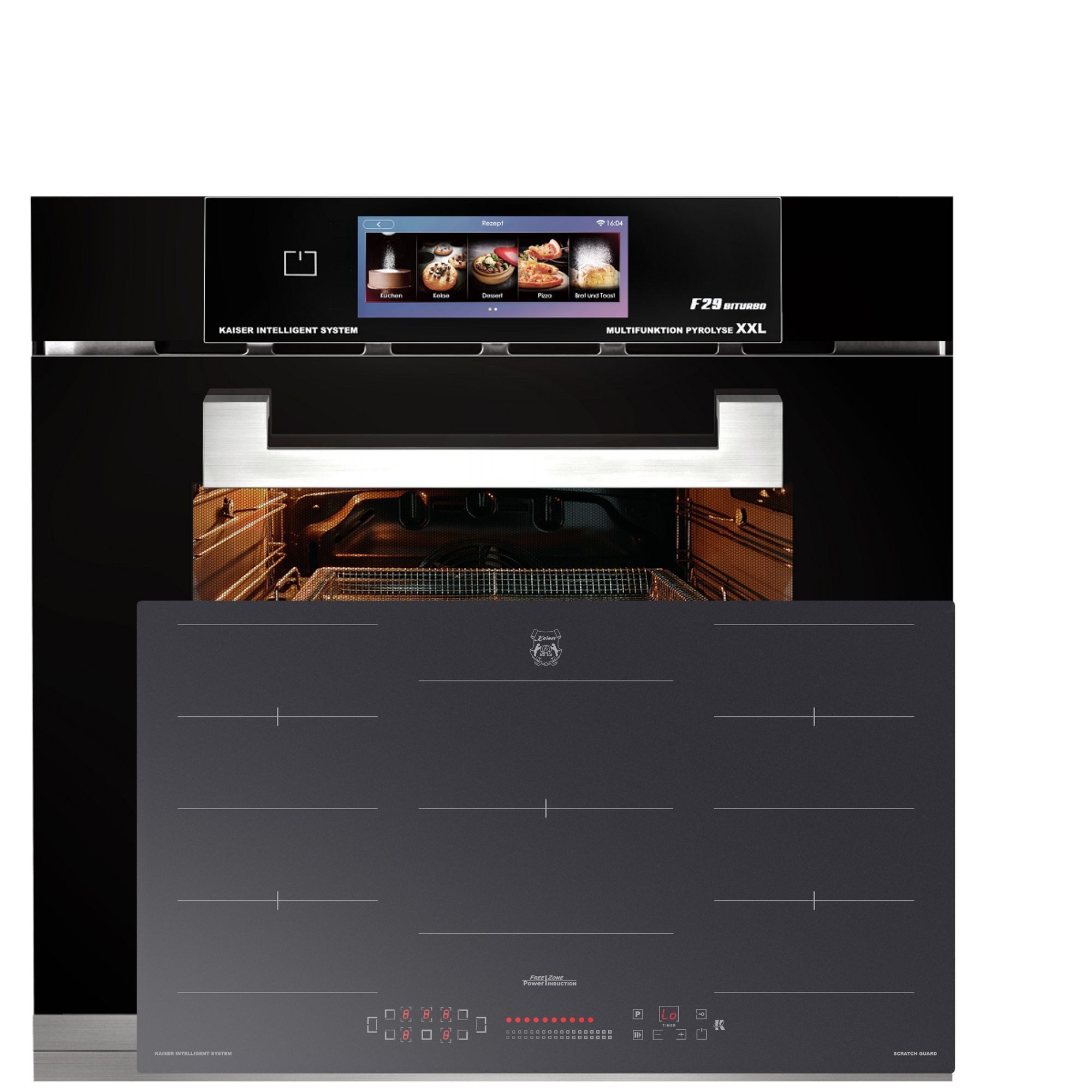 Kaiser Küchengeräte Backofen-Set Herd Set Autark Multifunktions-Elektro-Backofen mit Pyrolyse und Dampfreinigung, TFT Display, 60cm, 86L,Air Fry+Induktions Kochfeld Autark Herd Power Booster 90 cm Anti Scratch/ matt EH 6344 N+KCT 9110 FI., mit 1-fach-Teleskopauszug