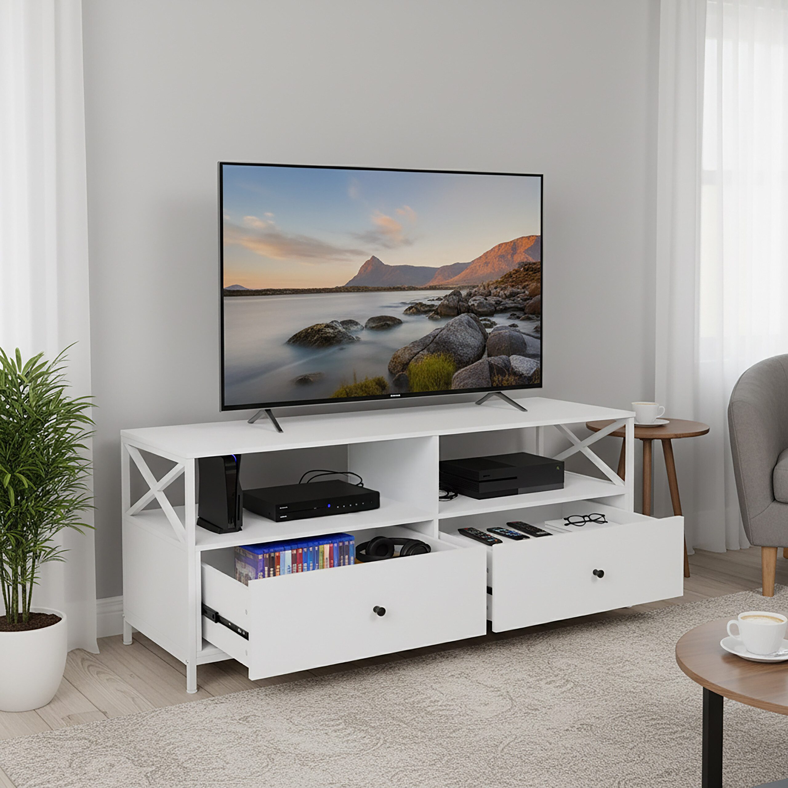 relaxdays TV-Bank TV Lowboard mit Schubladen, weiß