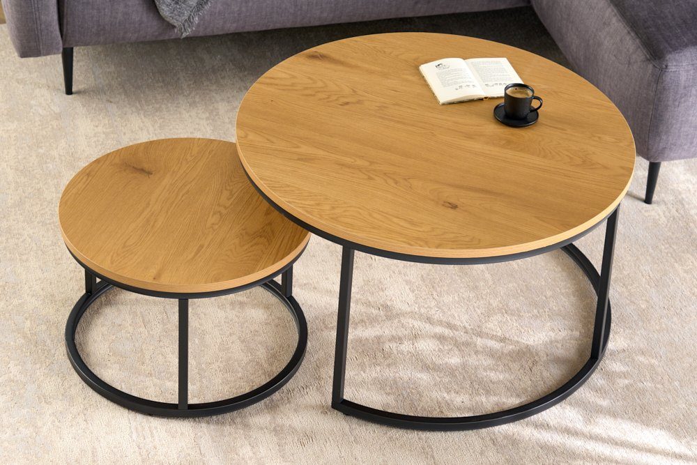 schwarz Industrial · Ø80cm · Wildeichen-Design natur · · / 2-St), rund riess-ambiente (Set, ELEGANCE Wohnzimmer Metall-Gestell Couchtisch