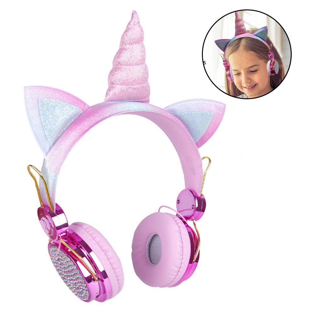 85 dB Lautstärke Kinder Partys Pink Weihnachten begrenzte Over-Ear-Kopfhörer mit Mikrofon für Schule Einhorn-Kopfhörer für Mädchen glitzerndes Einhorn-Stirnband 