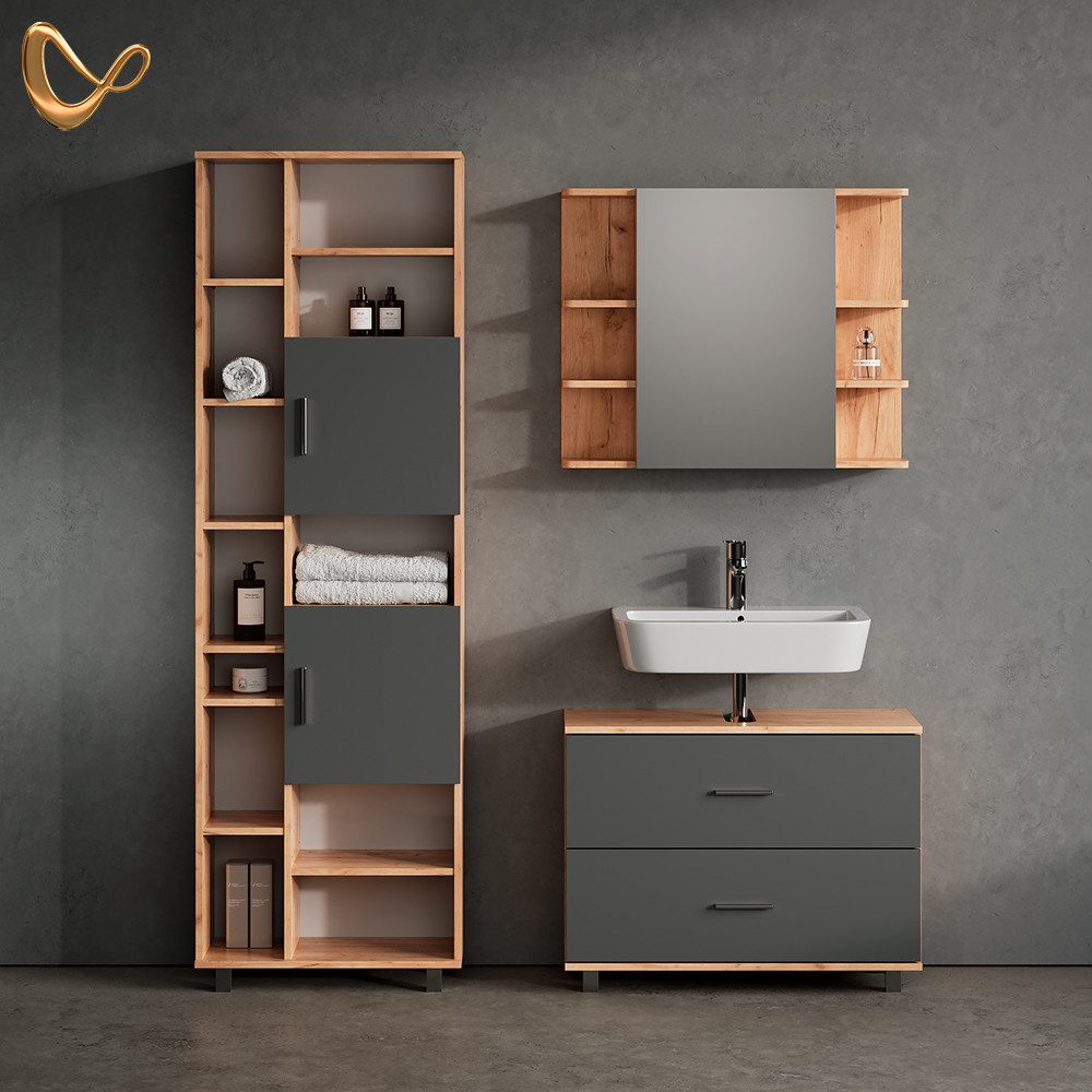 Livinity® Waschbeckenunterschrank Eisak, Anthrazit/Goldkraft Eiche/Goldkraf günstig online kaufen