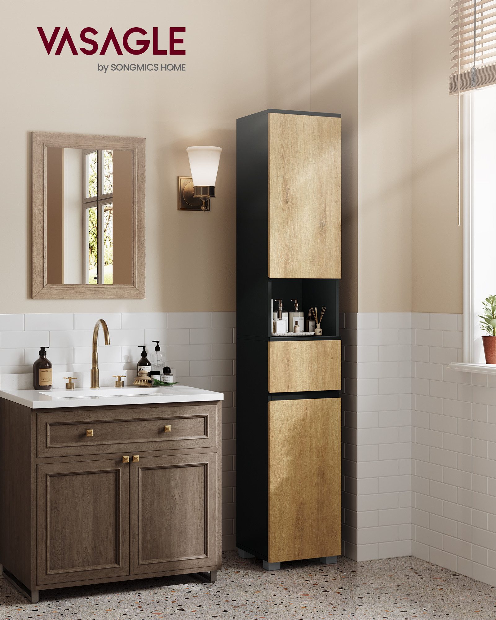 VASAGLE Badkommode Badezimmerschrank Badschrank verstellbare Ablagen, 30 x 30 x 170,2 cm, mit einer Schublade, Badezimmermöbel, offenes Fach – Bild 2 von 5