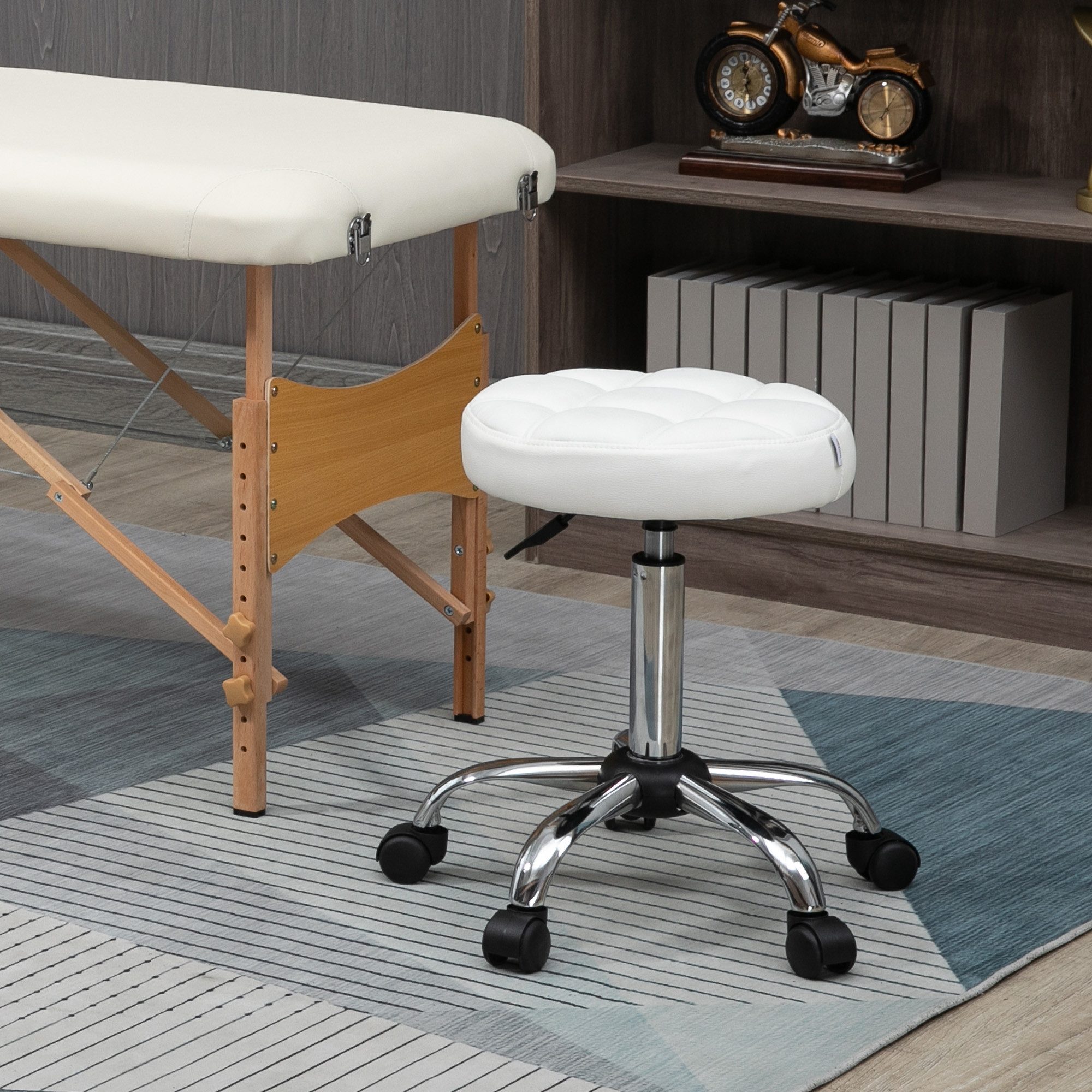 HOMCOM Rollsitz Rollhocker, höhenverstellbar, Kunstleder (Arbeitshocker, 1 St., Salonhocker), für Wohnzimmer, Büro, Weiß