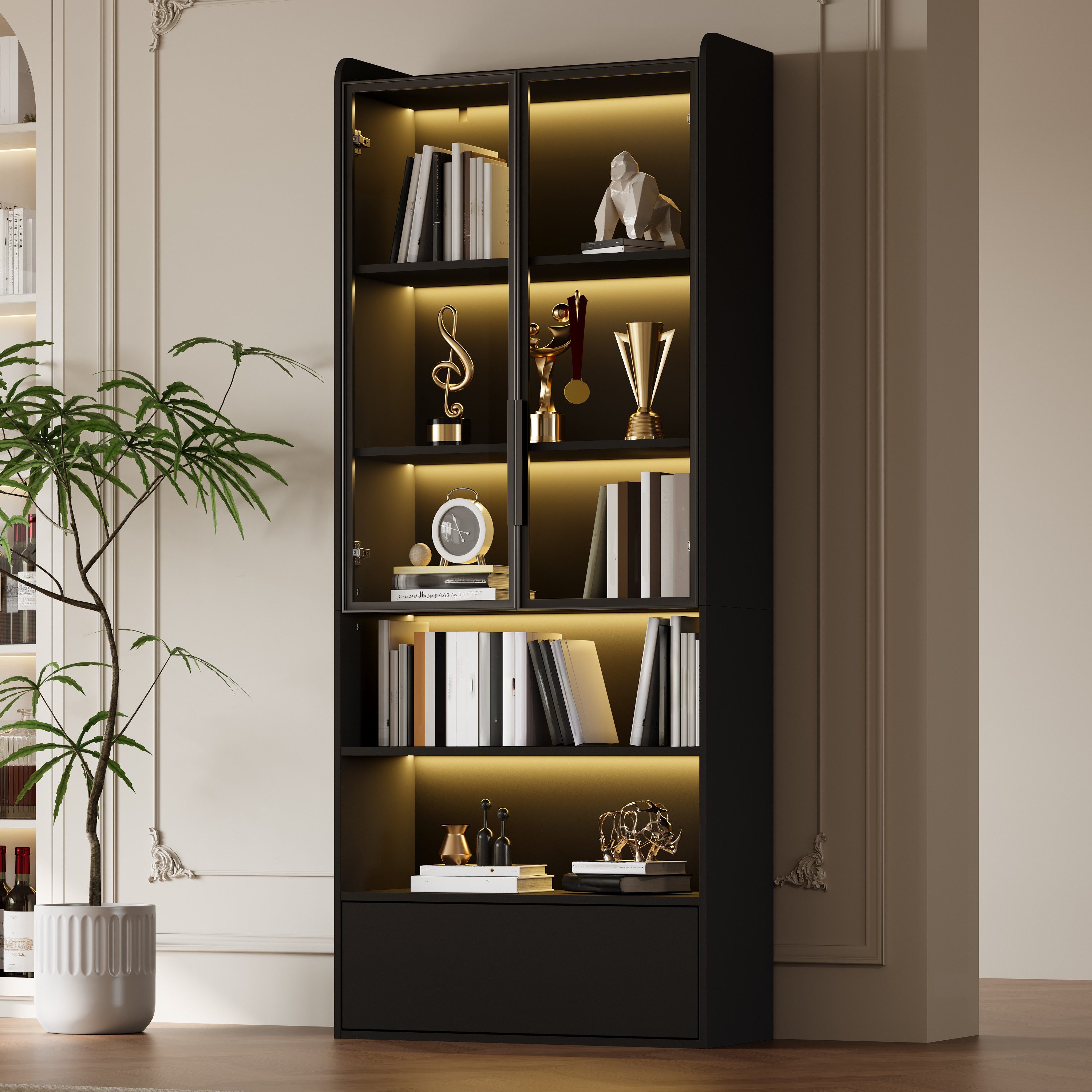 Merax Standvitrine Vitrine mit LED-Beleuchtung und Stauraum (für stilvolle Aufbewahrung und Präsentation von Sammlerstücken, 1-St., 80 x 34 x 180 cm) Wohnzimmerschrank mit Schublade & 2 Glastüren, Hochschrank, Standregal