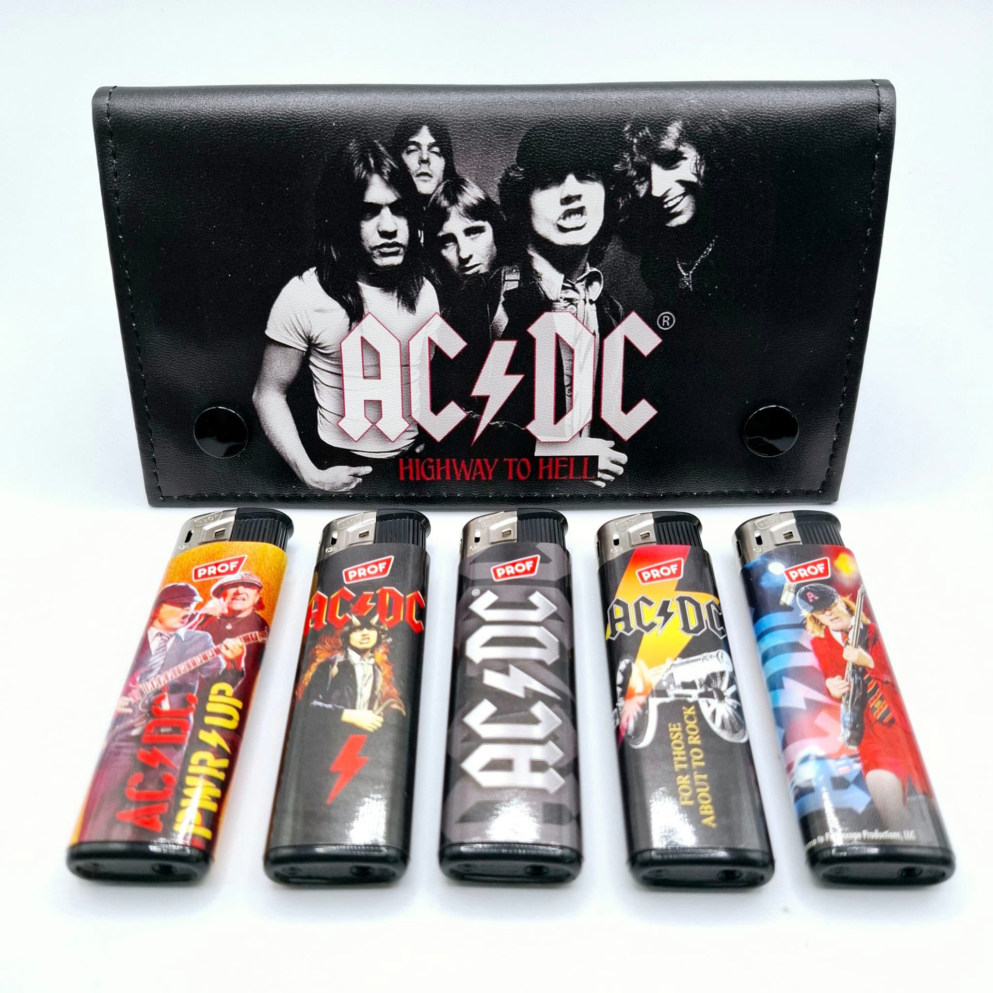 AC/DC Sammleretui Drehertasche, Tabaktasche im Set mit 5x Feuerzeug als Geschenkidee