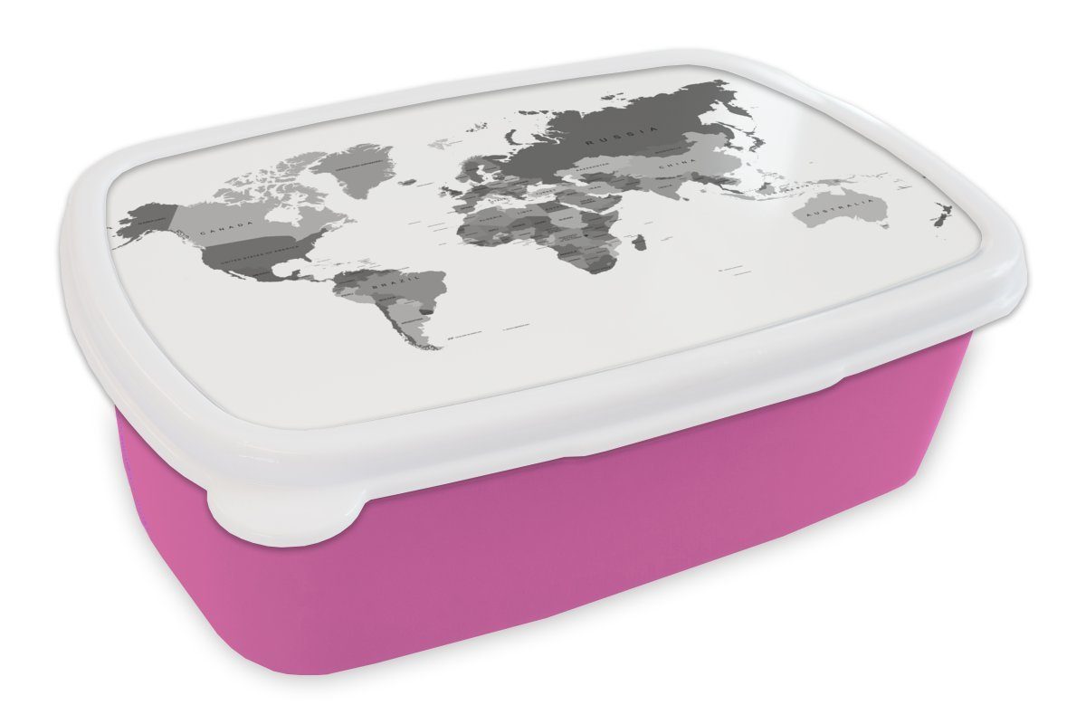 markiert, der Länder Grautönen MuchoWow Kunststoff, für sind Die Weltkarte Brotdose Kinder, mit Kunststoff Lunchbox rosa Mädchen, Brotbox auf Erwachsene, Snackbox, (2-tlg), verschiedenen