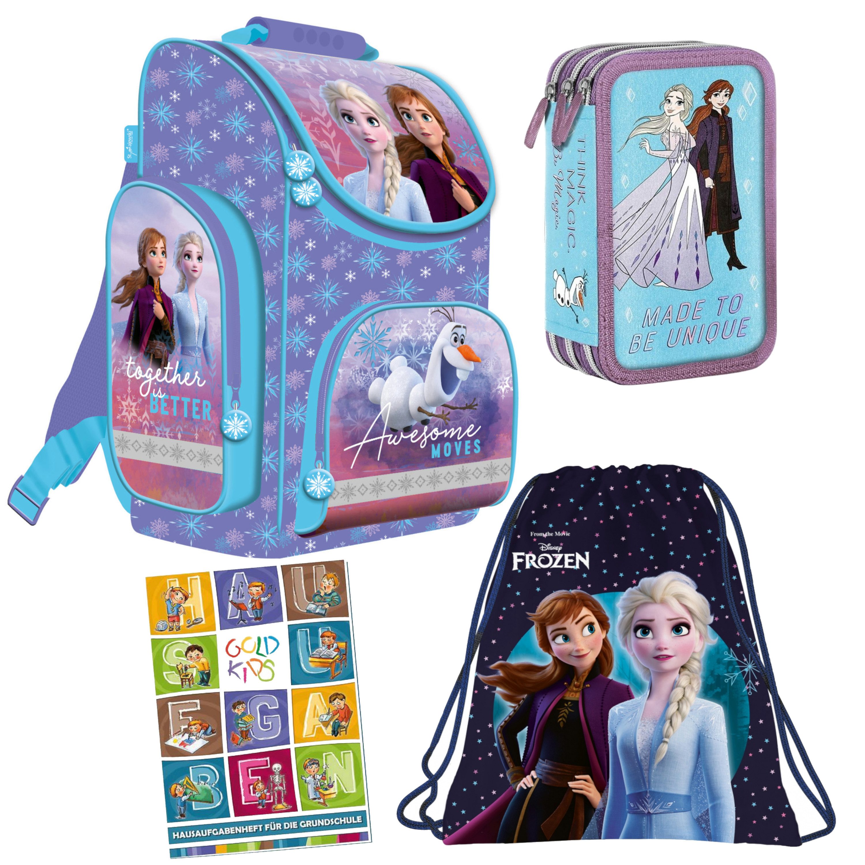 GOLDKIDS Schulranzen für Jungen und Mädchen, 4er-Set - Schul-Rucksack für (Kinder mit Federmäppchen -, 1-tlg., Schuhbeutel und Hausaufgabenheft), ELSA Frozen Motiv - 1-3 Klasse