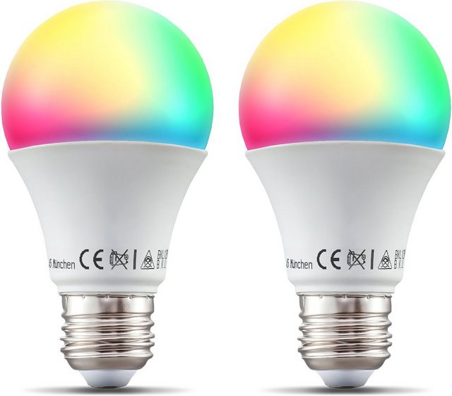 B.K.Licht LED-Leuchtmittel, E27, 2 Stück, Warmweiß, Smart Home LED-Lampe RGB WiFi App-Steuerung dimmbar CCT Glühbirne 9W 806 Lumen-Otto