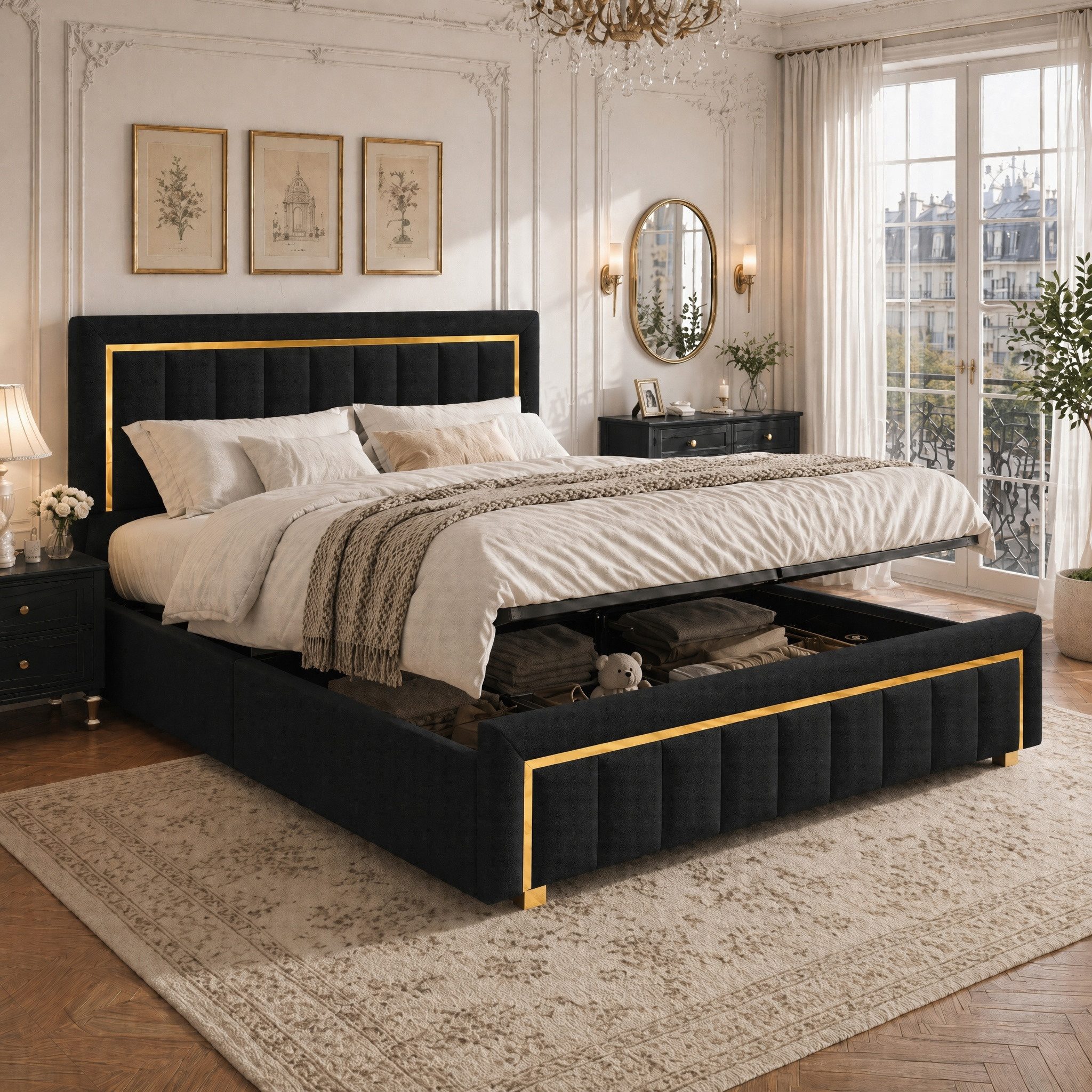 PXloue Polsterbett Stauraumbett Doppelbett (Hochklappbares Bett 160x200 cm), Samtbezug in Schwarz, mit stabilem Lattenrost & Metallrahmen