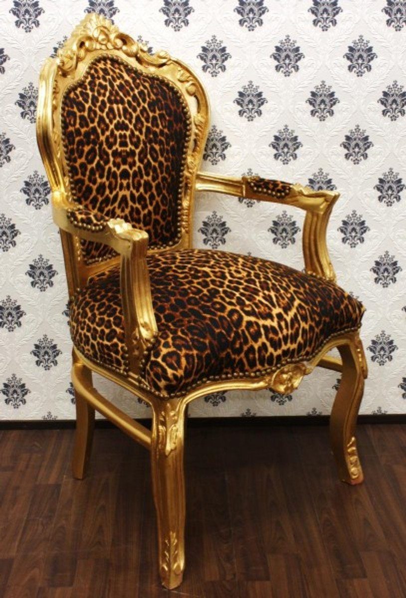 Casa Padrino Esszimmerstuhl Barock Esszimmer Stuhl Leopard / Gold mit Armlehnen