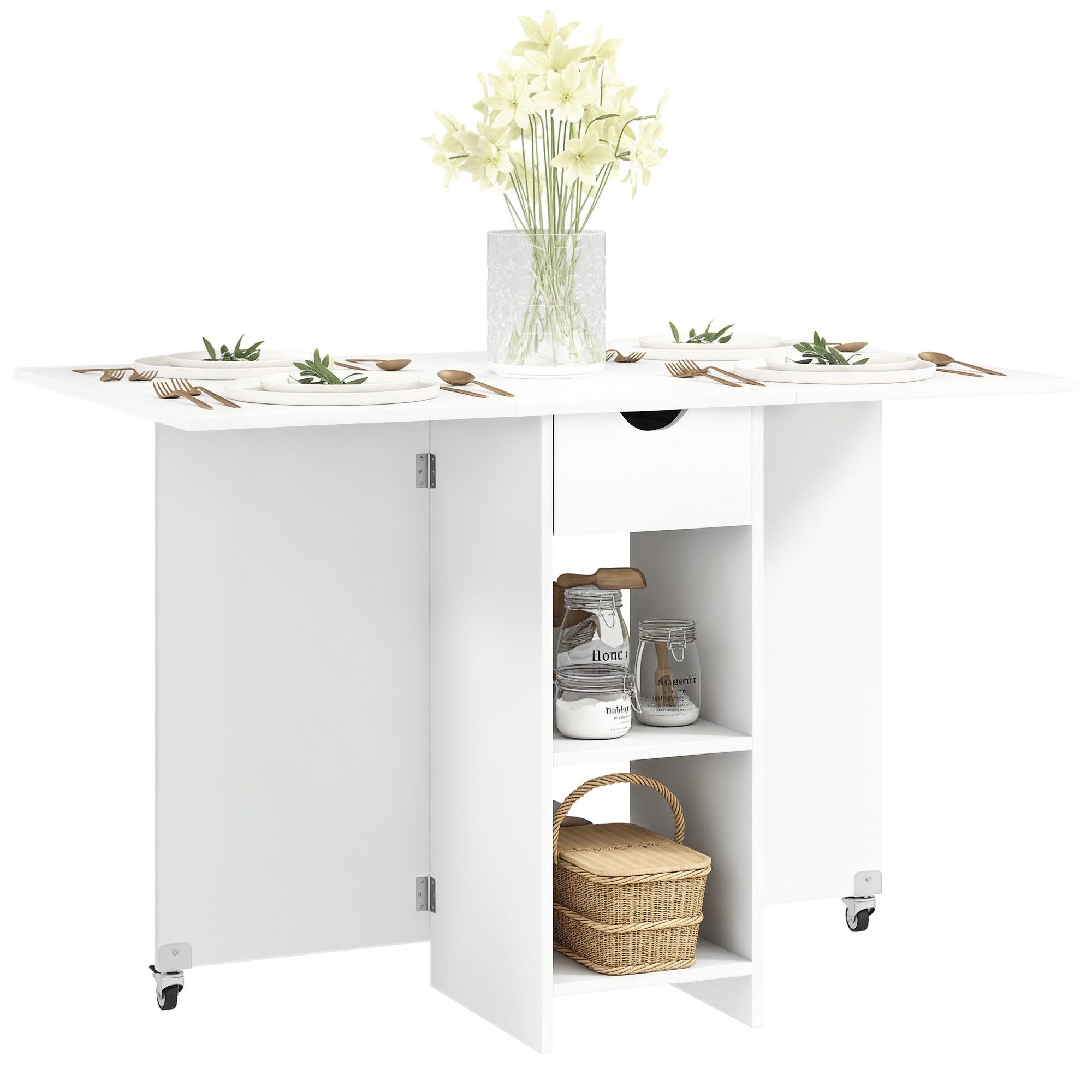 HOMCOM Klapptisch Küchentisch mit Schublade und 2 Ablagen, Moderner Esszimmertisch (Set, 1-St., Klappbarer Esstisch), für Kleine Räume, Esszimmer 114,5 x 70 x 75 cm, Weiß