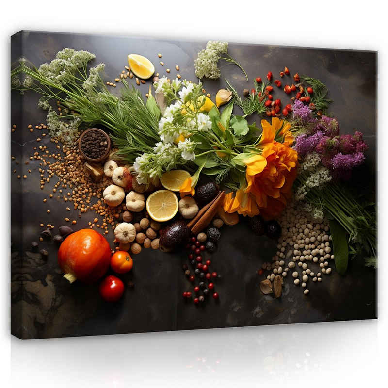 Wallarena Leinwandbild Küche Kräuter Gewürze Wandbild XXL Leinwandbilder Modern, Gemüse Obst (Einteilig, 1 St), Leinwandbild Leinwand Bilder Bild Groß Aufhängefertig