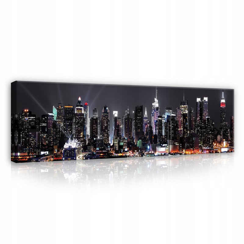 Wallarena Leinwandbild New York Stadt bei Nacht Wandbild 145x45 cm Groß XXL Wandbilder Leinwandbilder Modern Canvas Kunstdruck Bild Auf Leinwand Bilder Panoramabild für Wohnzimmer Schlafzimmer, New York (Einteilig), Aufhängefertig