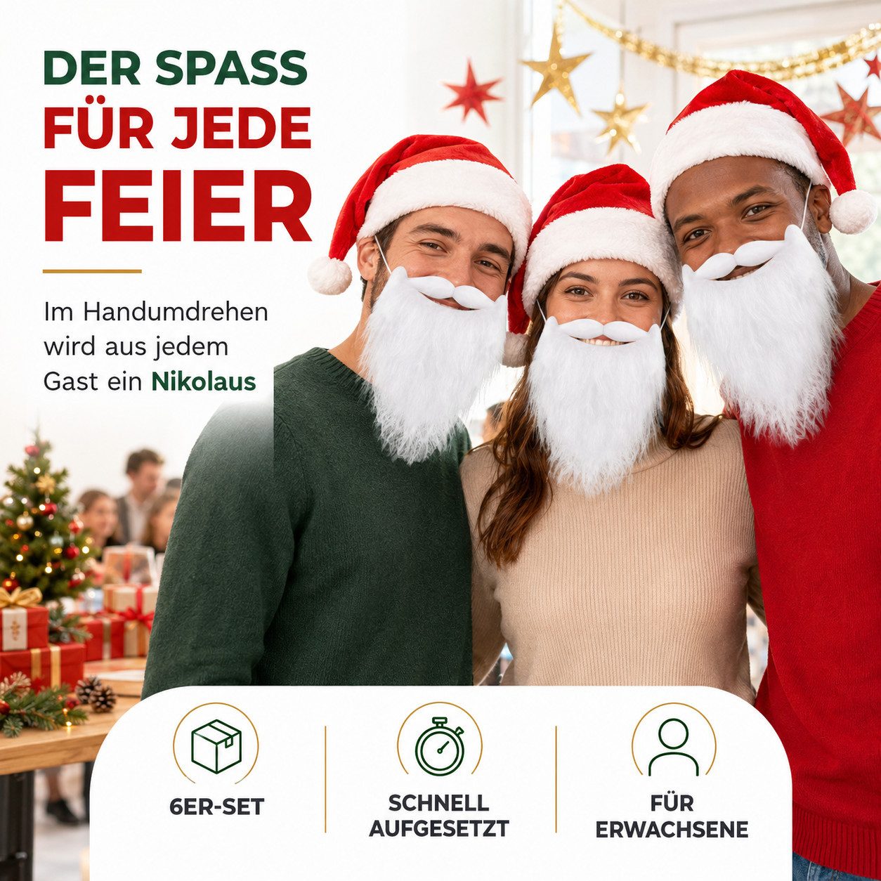 MerryXmas Kostüm-Perücke 6x Nikolausbart weiss - Weihnachtsmannbart - Bart weiß weiss