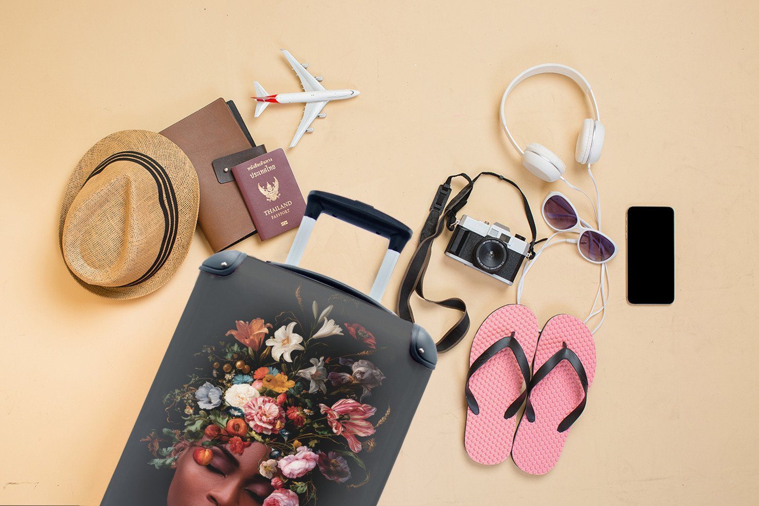 Ferien, - MuchoWow Make-up Reisetasche für mit Handgepäck - 4 Handgepäckkoffer Blumenstrauß, Reisekoffer Rollen, rollen, Trolley, Frau
