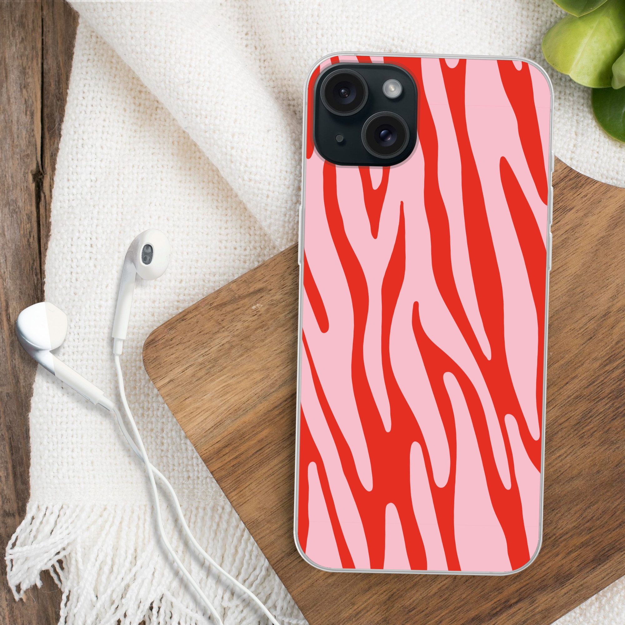 MuchoWow Handyhülle für Apple iPhone 15 Plus Zebramuster - Rosa - Rot - Tiermuster, Smartphone-Bumper, Print, Handy Schutzhülle Dünn