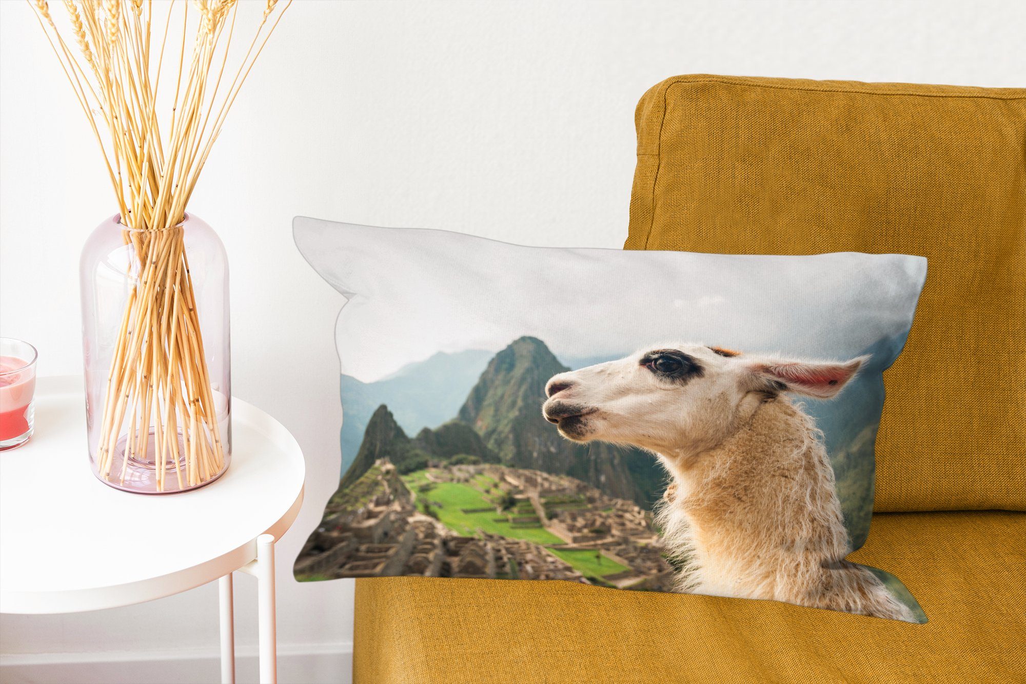 mit - Dekokissen Picchu Machu MuchoWow Wohzimmer Zierkissen, Lama - Dekokissen Dekoration, Füllung, Weiß, Schlafzimmer