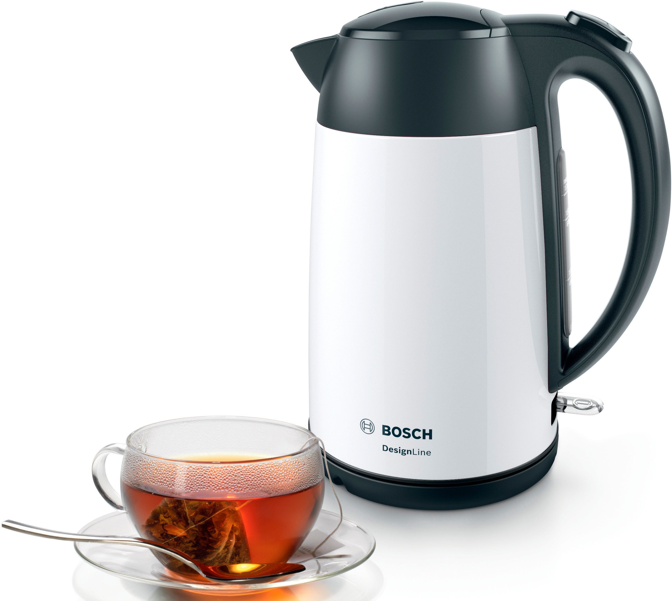BOSCH Wasserkocher DesignLine TWK3P421, Ausgießen ohne Spritzer, Tassenanzeige, 1,7 l, 2400 W, Überhitzungsschutz, Weiß