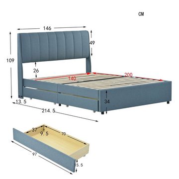 OKWISH Bett Polsterbett 140 x 200 cm, Doppelbett (mit Außenverteidigern auf beiden Seiten des Kopfteils, mit Schubladen, Lattenrost und Rückenlehne), für Erwachsene und Jugendliche, Ohne Matratze