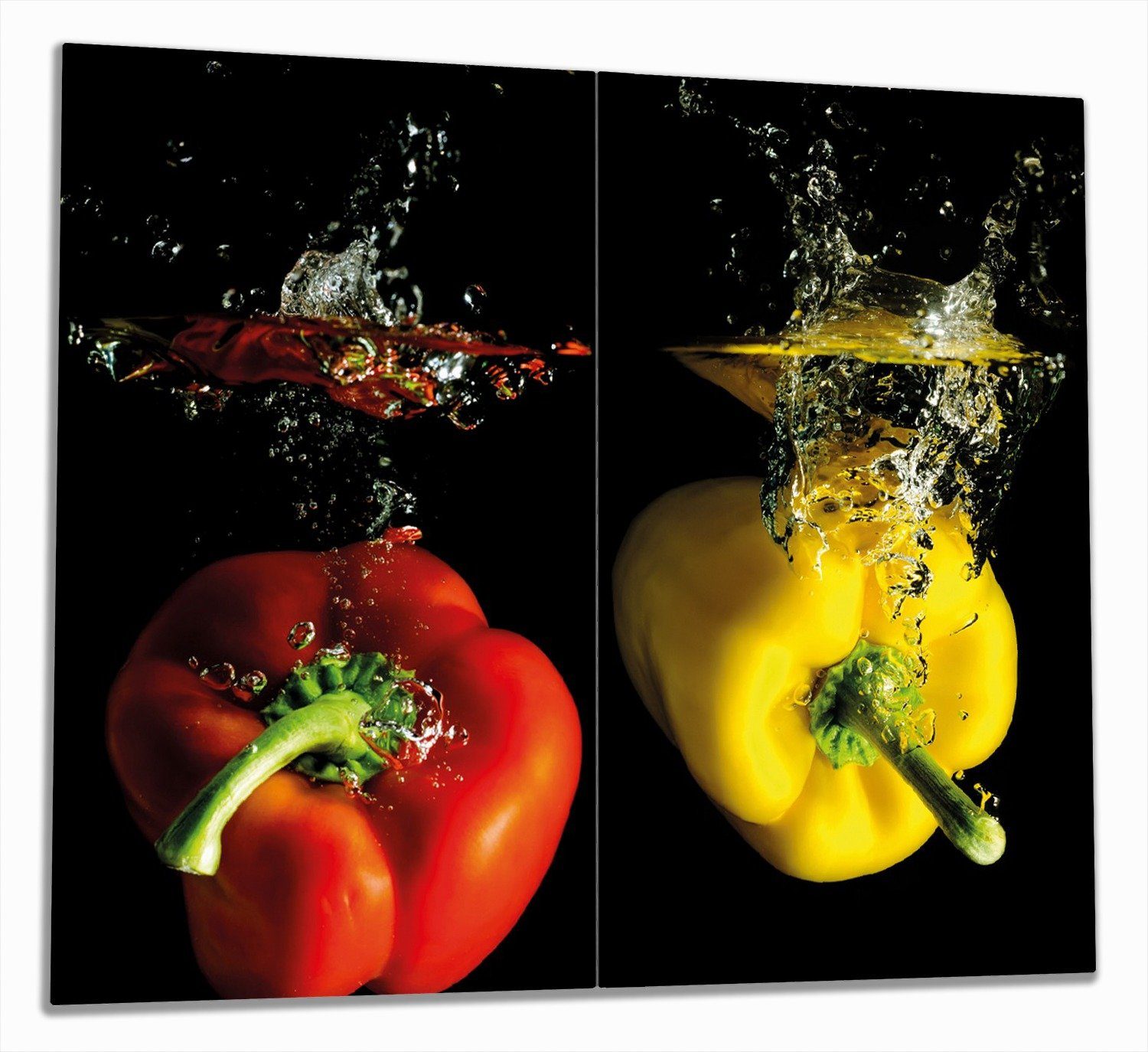 Wallario Herd-Abdeckplatte Bunte Küche Paprika in rot gelb orange und grün im Wasser, ESG-Sicherheitsglas, (Glasplatte, 2 tlg., inkl. 5mm Noppen), verschiedene Größen