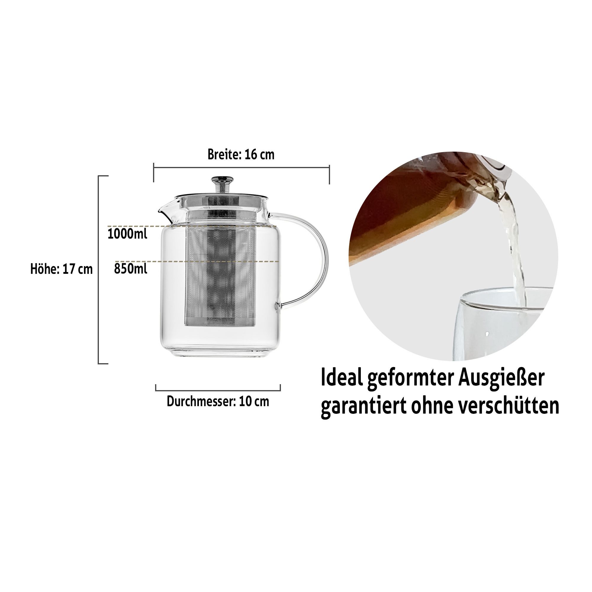 KVOTA Teekanne Glaskanne mit Edelstahl-Siebeinsatz und Deckel, 1L,Teebereiter, 1 l, (1-St), hochwertiges Borosilikatglas – Bild 3 von 5