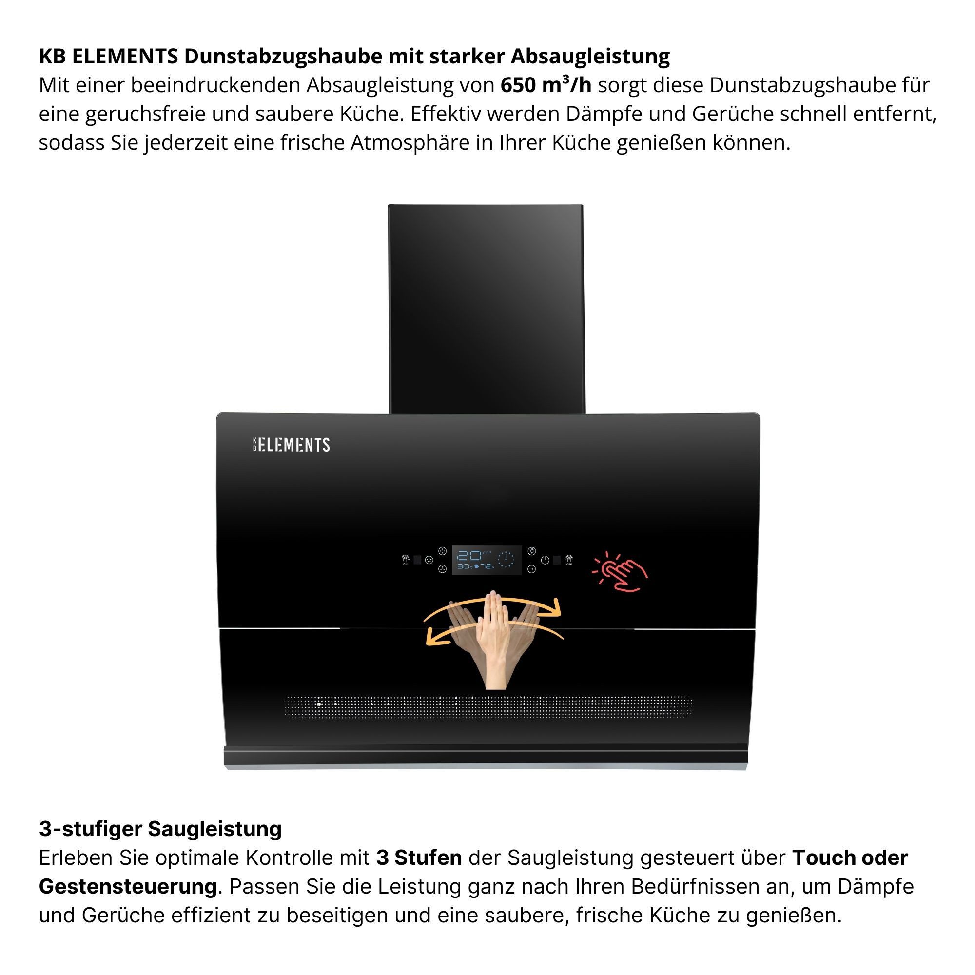 KB Elements Wandhaube Glas-Curved-Design, Selbstreinigungsfunktion Glas-Curved-Design, Selbstreinigungsfunktion, Automatische Wärmereinigung, Multifunktionales Display