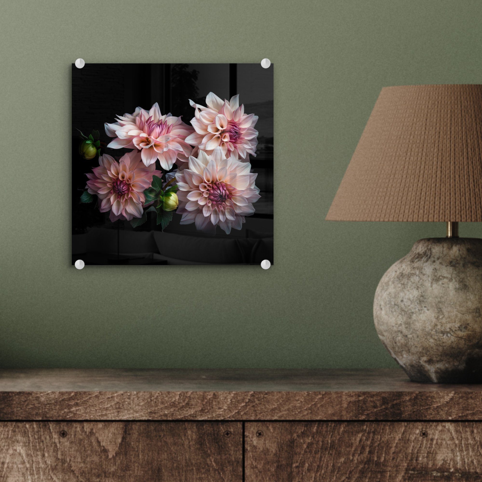 - MuchoWow (1 Rosa Acrylglasbild Wandbild Bilder - - Weiß auf St), Wanddekoration Glas Dahlie - Natur, Foto auf Glas - - Blumen Glasbilder -