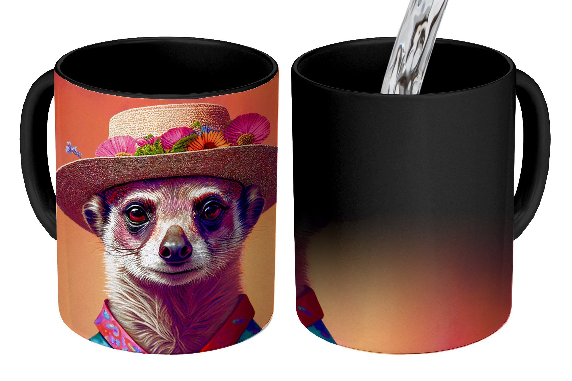 MuchoWow Zaubertasse, Teetasse, Geschenk - Porträt Tiere Erdmännchen - Farbwechsel, - - Hut Tasse Keramik, Kaffeetassen, Erdmännchen, Blumen -