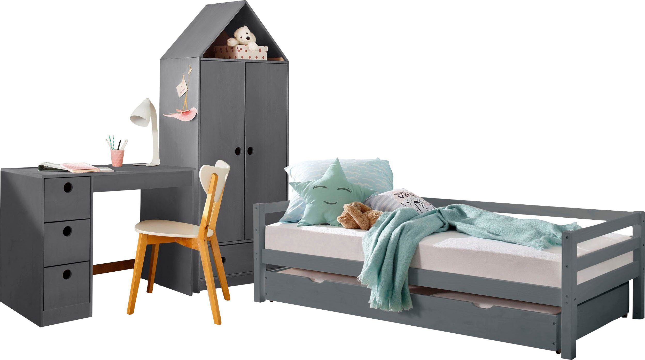 Lüttenhütt Jugendzimmer-Set Alpi, (Spar-Set, 3-St), Daybed, Schreibtisch mit Stauraum und Kleiderschrank in Hausoptik grau