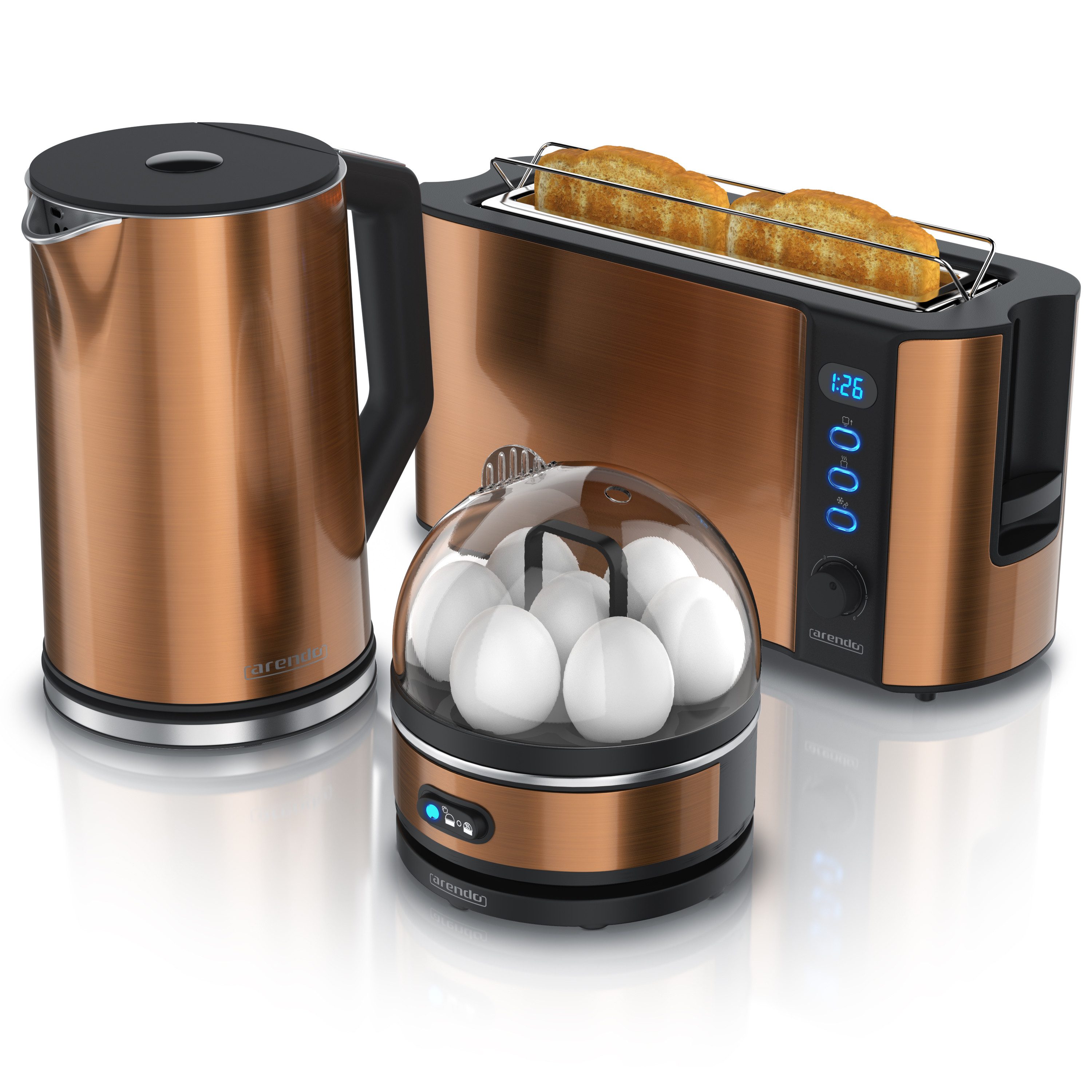 Arendo Frühstücks-Set (3-tlg), Wasserkocher 1,5l, 2-Scheiben Toaster, 7er Eierkocher, Kupfer