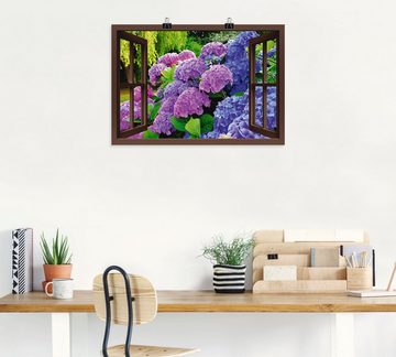 Artland Wandbild Fensterblick - Hortensien im Garten, Blumen (1 St), als Leinwandbild, Poster in verschied. Größen
