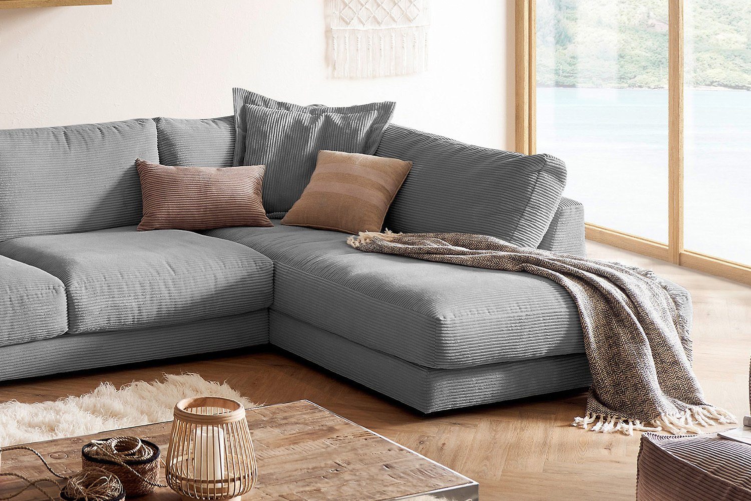 links, Sofa rechts Longchair MADELINE, U-Form Cord, grau KAWOLA Wohnlandschaft Farben od. versch.