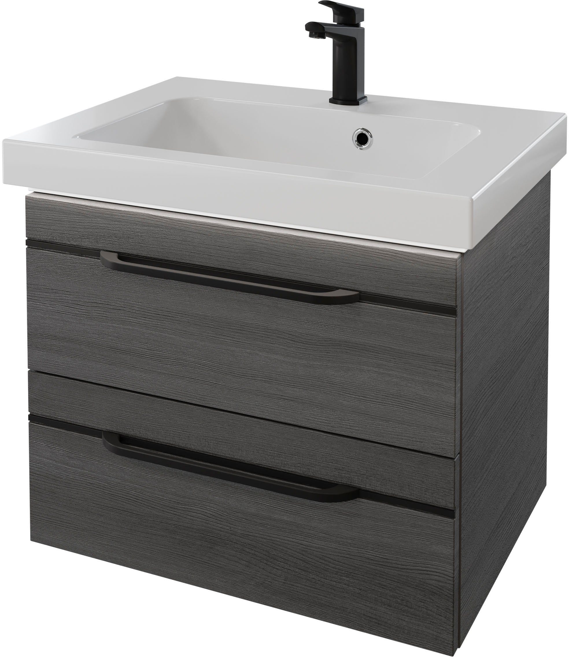 Saphir Badmöbel-Set Balto 2-teilig Mineralmarmor-Waschtisch mit LED-Spiegel, Waschplatz, (2-St), 64,4 cm breit, mit 2 Schubladen, Badschrank inkl. Schubladendämpfer