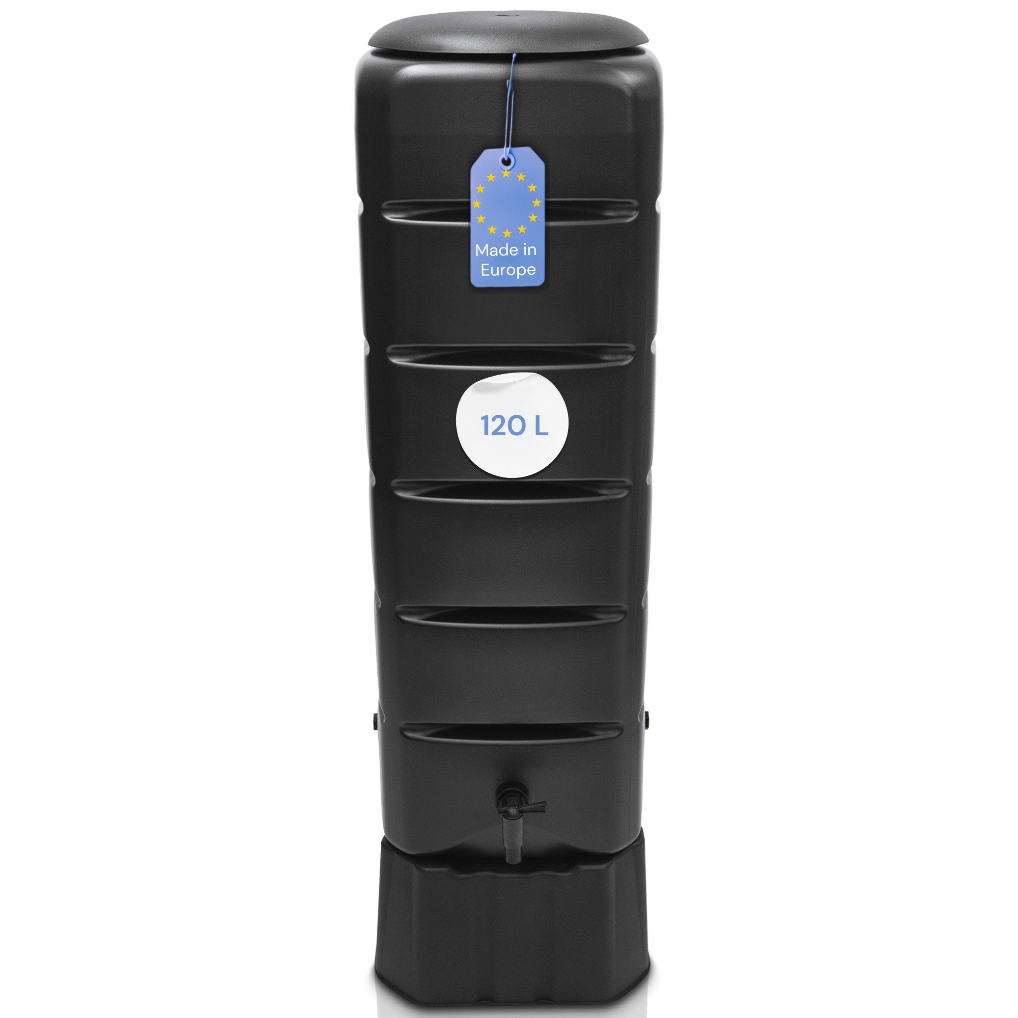 YourCasa Regentonne Regentonne [Tower] 120L mit Standfuss, Deckel & Wasserhahn Regenfass, 120 Liter, Eckig und Schmal, inkl. Sockel 39,6 x 118,6 cm