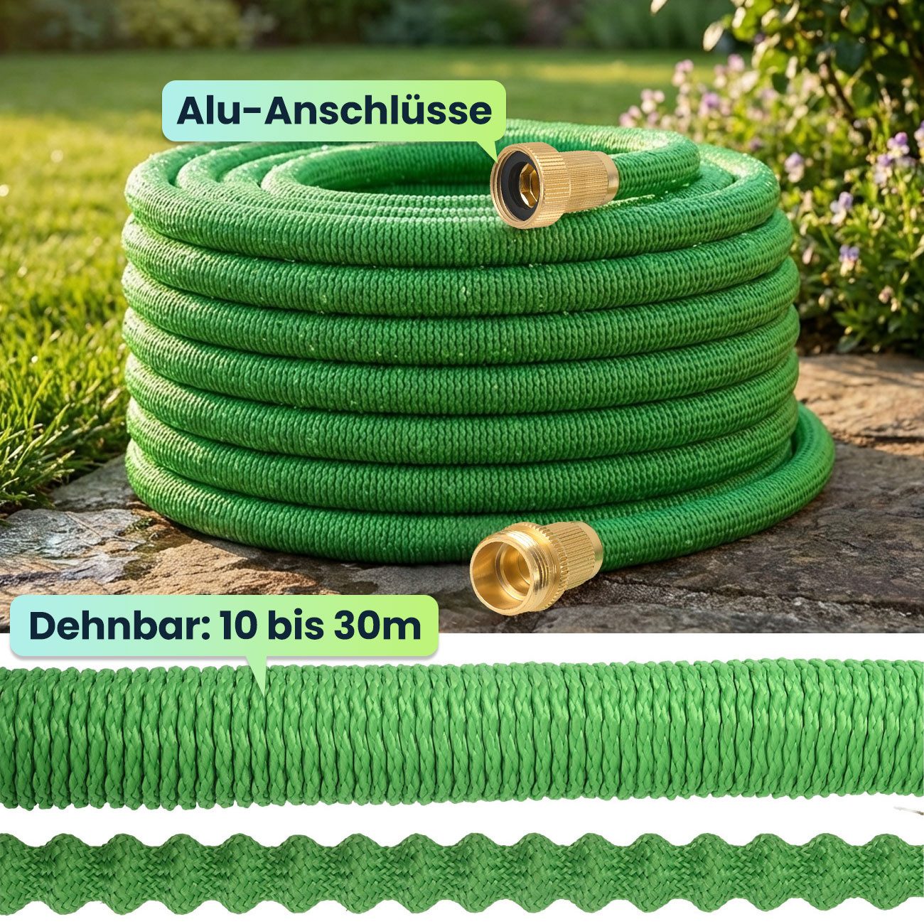 shop'n smile ideoon Gartenschlauch Flexibler Gartenschlauch 5&10m UV-beständig & 3-fache Ausdehnung, Extreme Haltbarkeit mit über 1.000 Dehnzyklen dank reißfestem Polyester-Mantel, Länge: 5 bis 15 m/Länge: 10 bis 30 m (Modular erweiterbar bis zu 100m)
