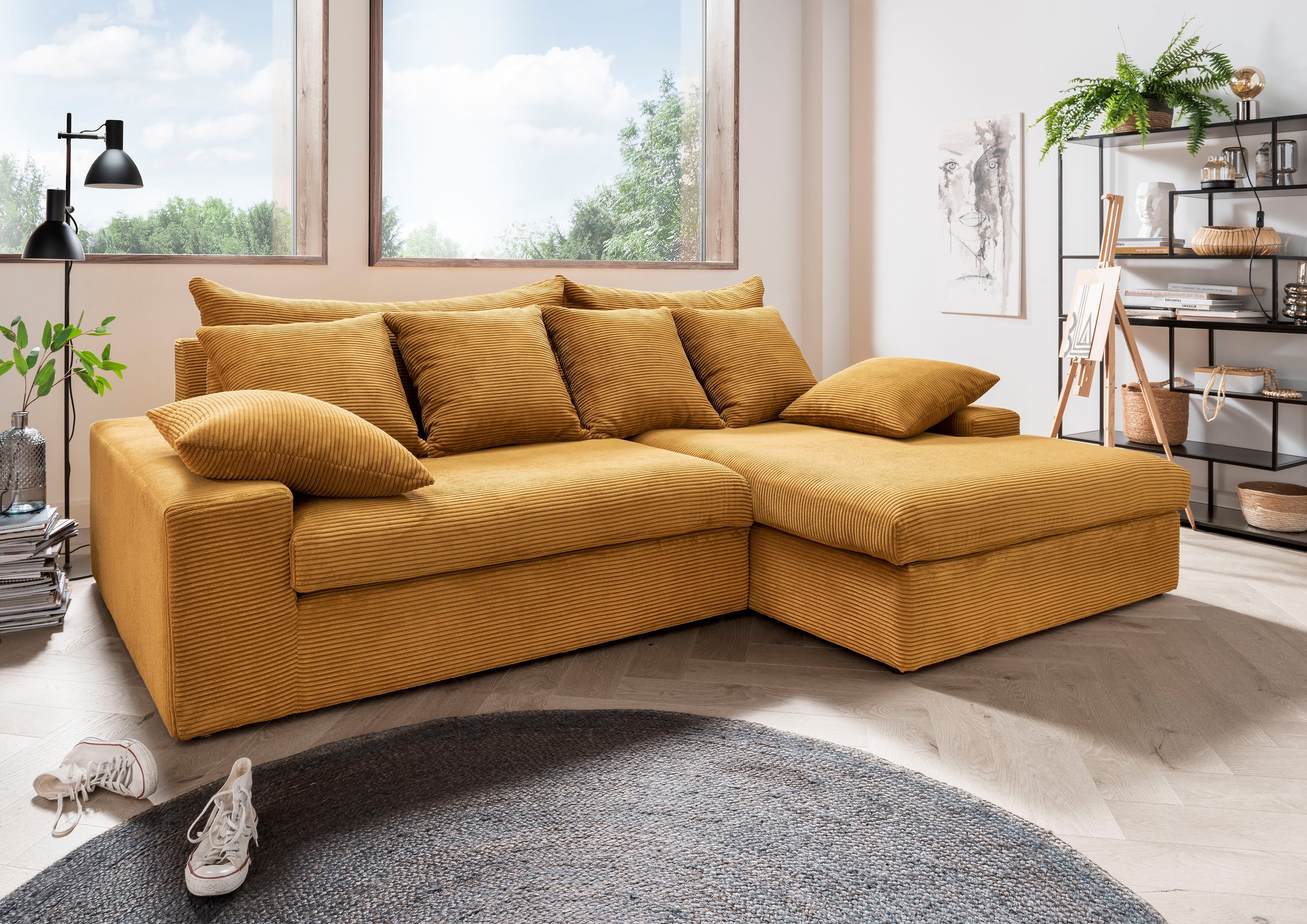 mit Farben, Polsterecke im versch. INOSIGN Avellino, Rücken-/ trendigen Ecksofa gold Zierkissen Cord,