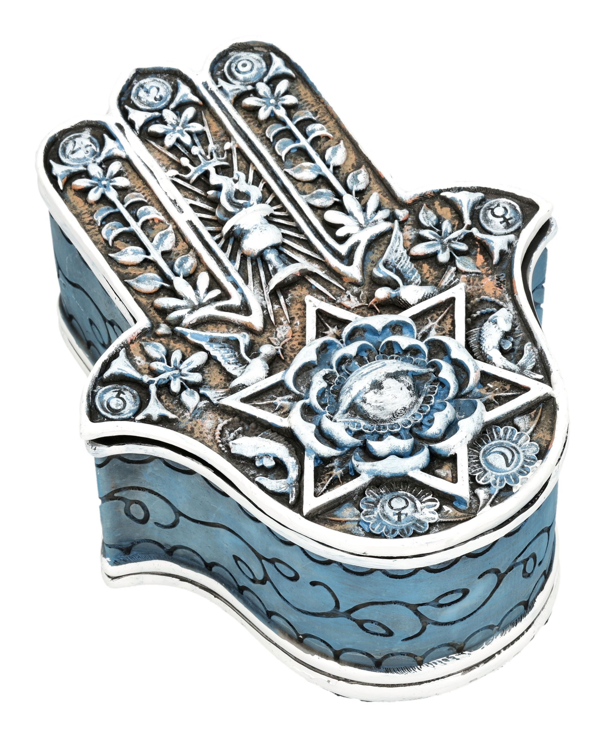 Figuren Shop GmbH Dekoobjekt Hamsa Hand Schatulle – Fatima Hand Schutzsymbol Schmuckdose 13,5 cm