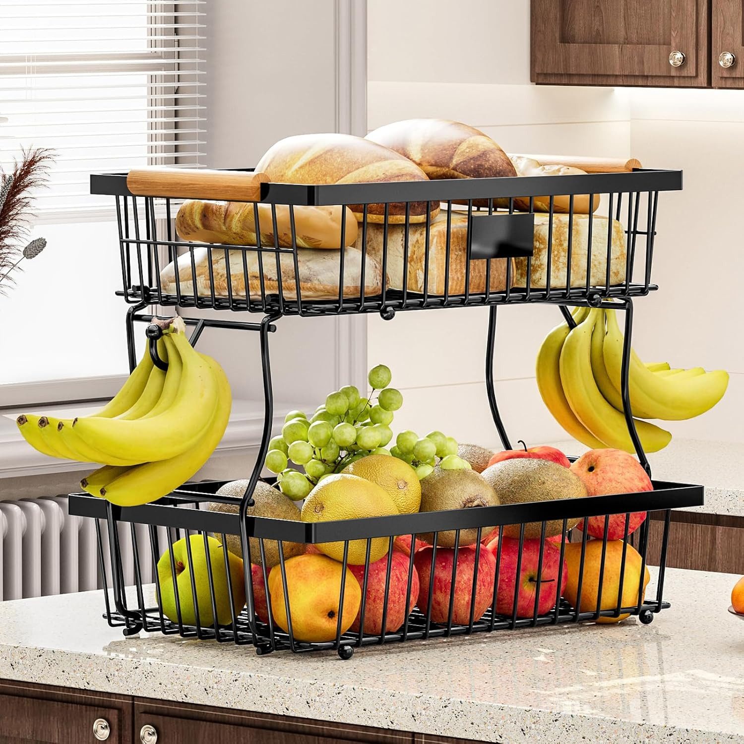 BlingBin Obstschale Obstkorb mit 2 Etagen und Bananenaufhängern für die Küche, Eisen, (2 Stöckig, 1-tlg), abnehmbar, ideale Obstschale und Gemüseregal