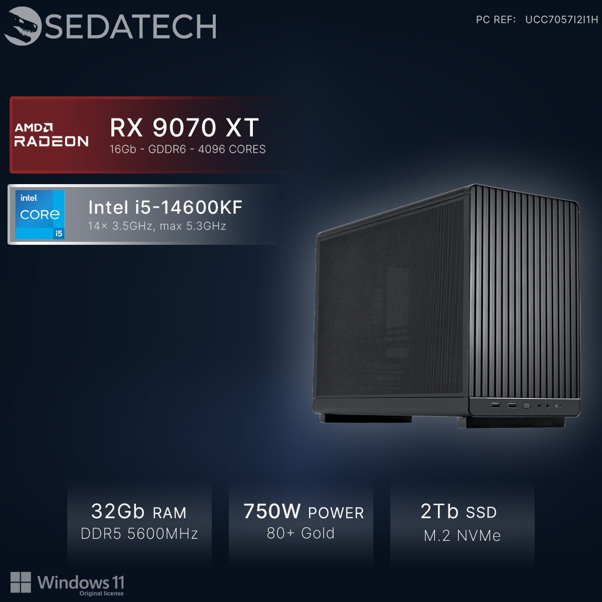 Sedatech UCC7057I2I1HF - Workstation Mini-PC (Intel Core i5 14600KF 14x 3.5GHz (max 5.3GHz), Radeon RX 9070 XT 16GB, 32 GB RAM, 2000 GB SSD, Wlan 6E)