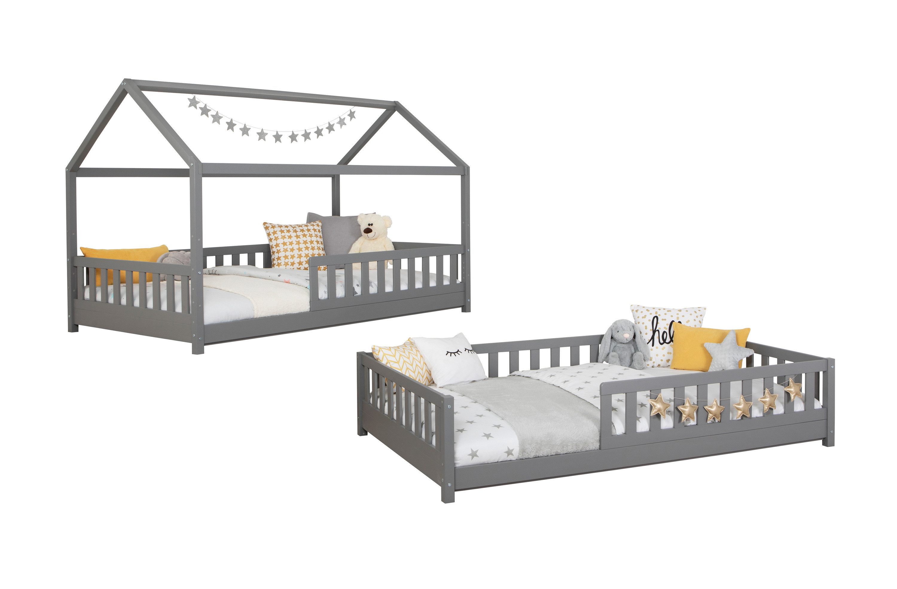 Ticaa Hausbett Duo mit Rausfallschutz aus Kiefer, Bodenbett 120x200, inkl. abnehmbarem Dach, mit Rollrost