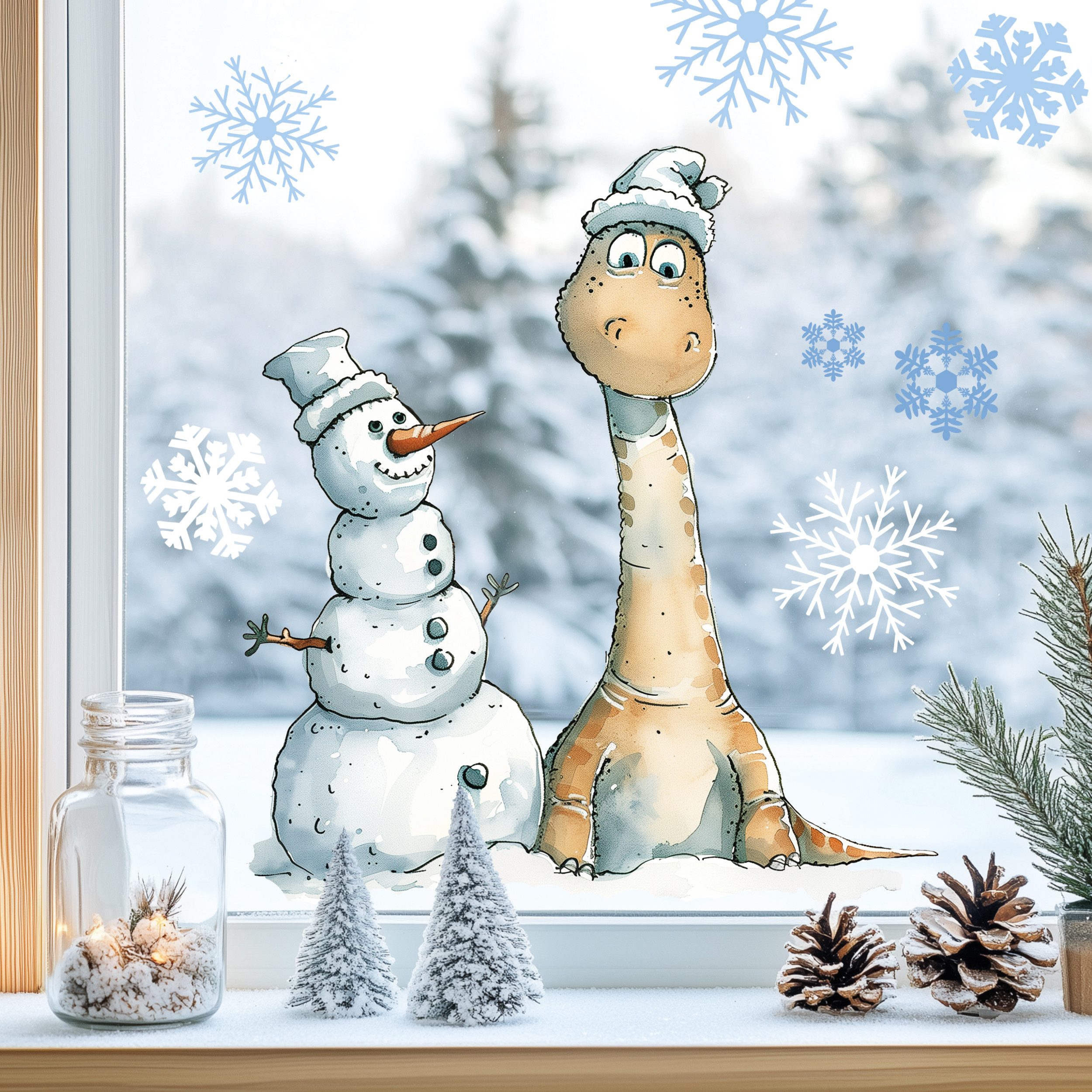 Sunnywall Fensterdekoration Kinderzimmer Fensterbild Winter Langhals Dinosaurier, wiederverwendbar, statisch haftend, beidseitiger Druck