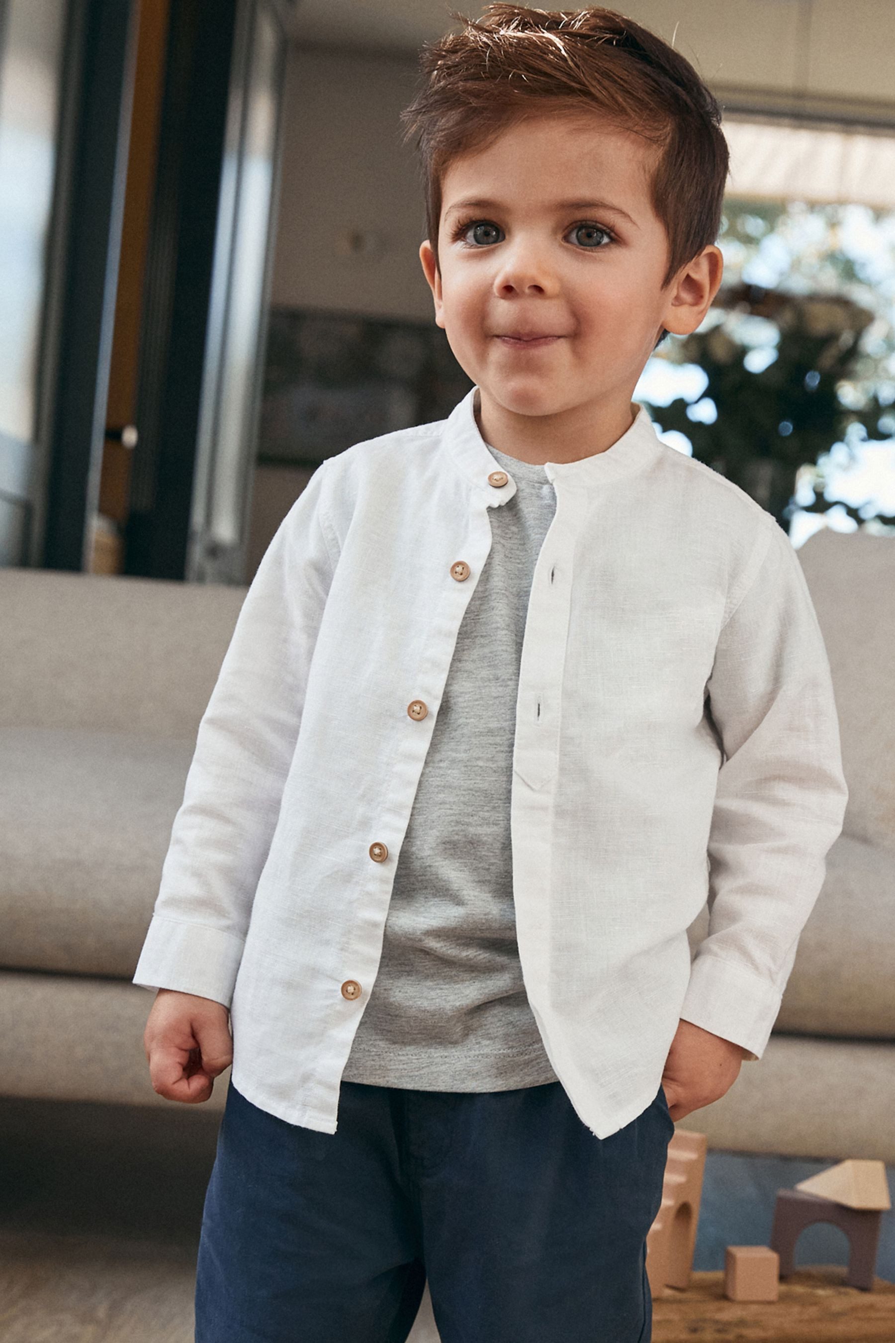 Next Jeanshemd Hemd aus Leinenmischgewebe mit Grandadkragen (1-tlg) – Bild 4 von 5