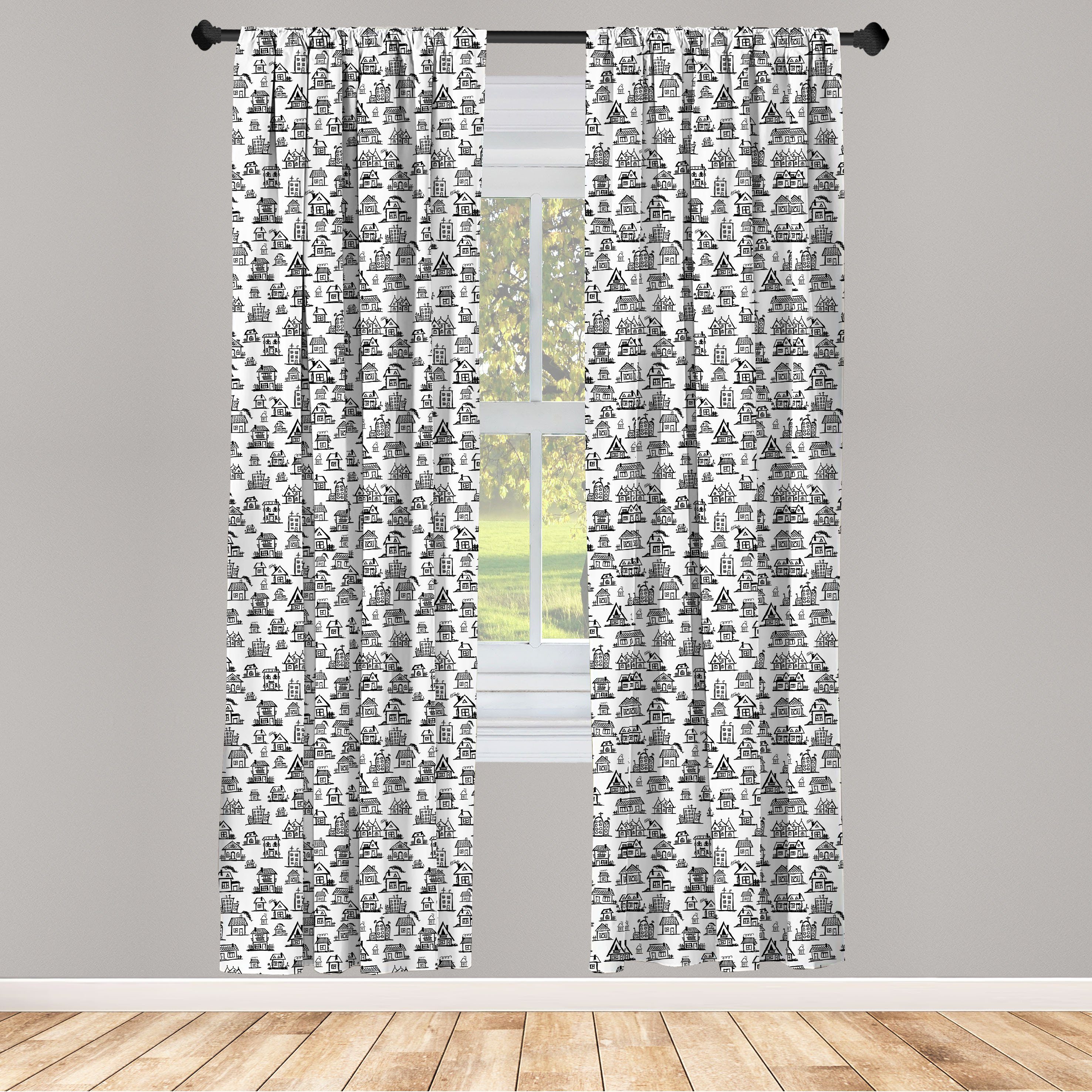 Gardine Vorhang für Wohnzimmer Schlafzimmer Dekor, Abakuhaus, Microfaser, Stadt Dorfhäuser Doodle Stadt