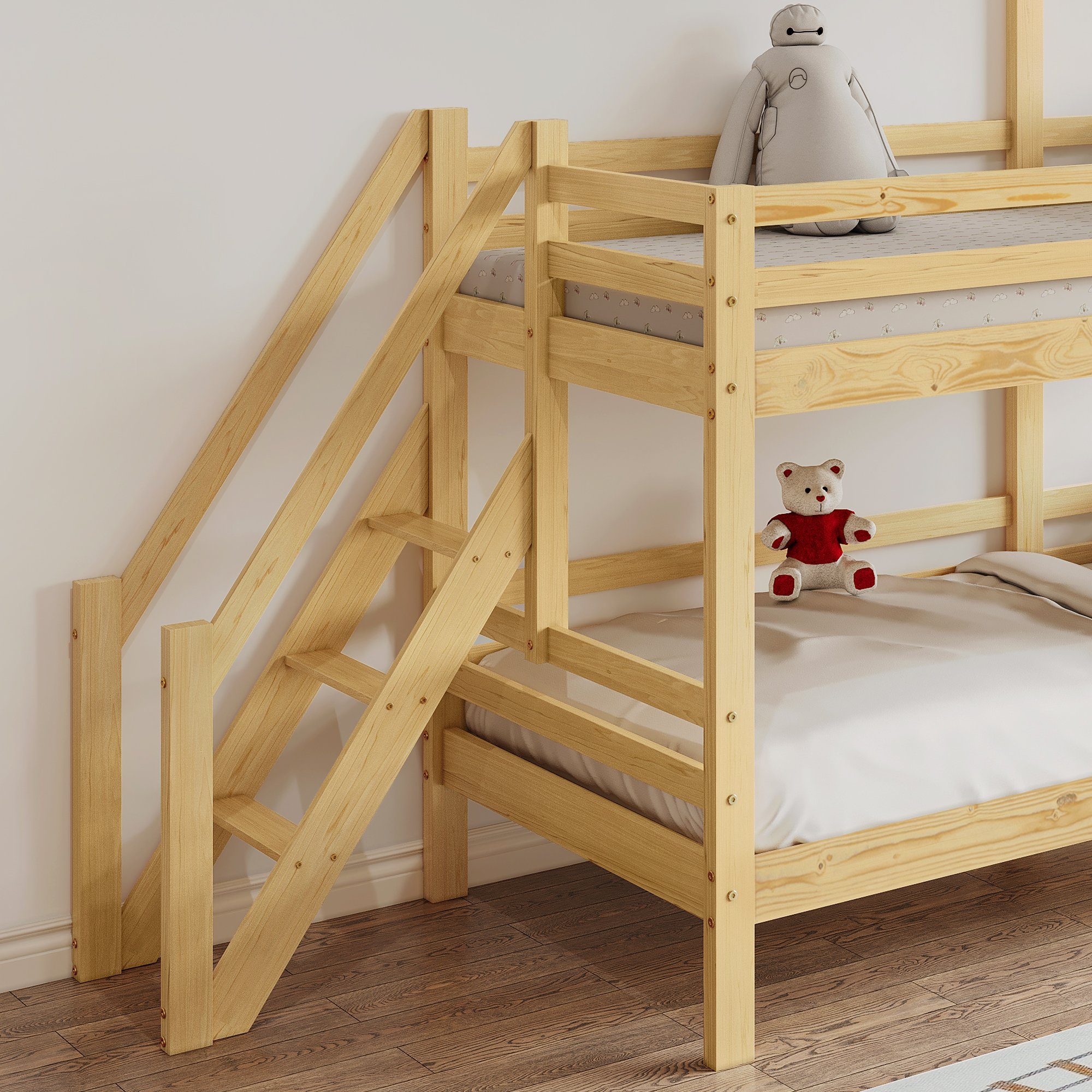 Etagenbett (Hochbett Kinderbett 90x200 cm), inklusive Trittleiter und Rundum-Absturzschutz, Kiefer