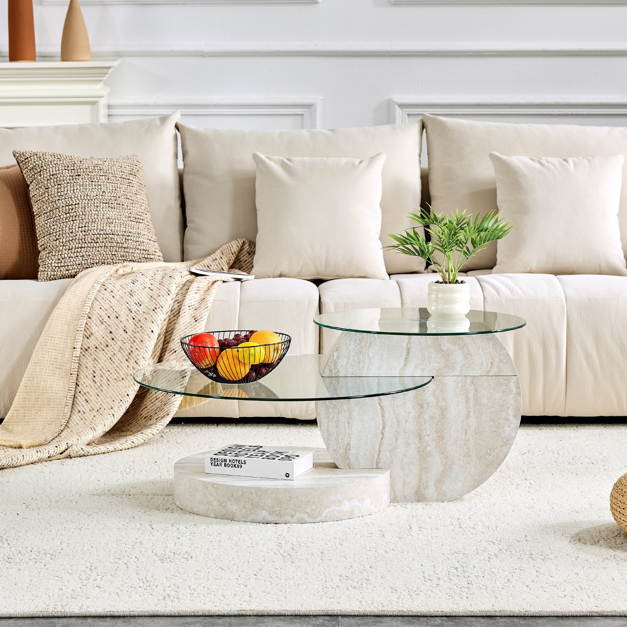 gopop Couchtisch 2er Set, Rundes Glas-Beistelltisch Wohnzimmertisch mit Stauraum, 6 mm Hartglasplatten, MDF-Basis, 90x70 cm