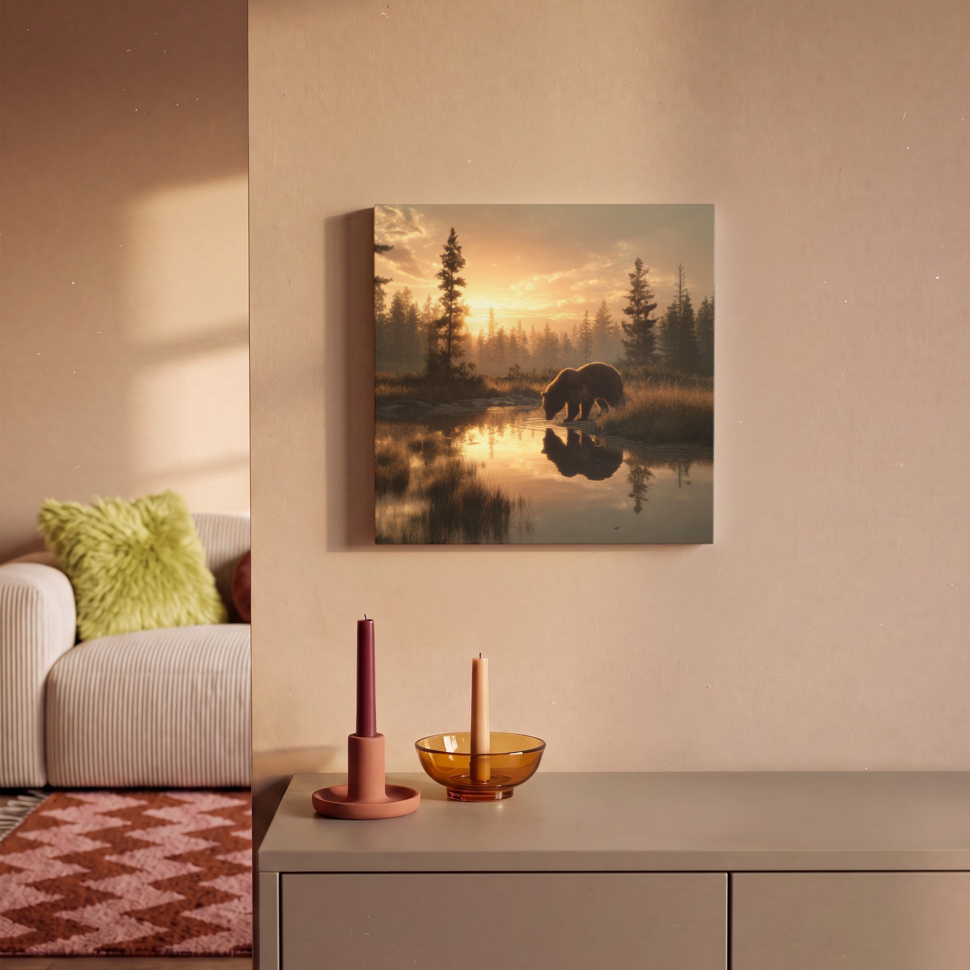 OneMillionCanvasses® Leinwandbild Bär - Wasser - Wald - Morgenlicht, Fotodruck (1 St), Leinwand Canvas Wandbild, Wanddekoration 20x30 cm – Bild 2 von 5