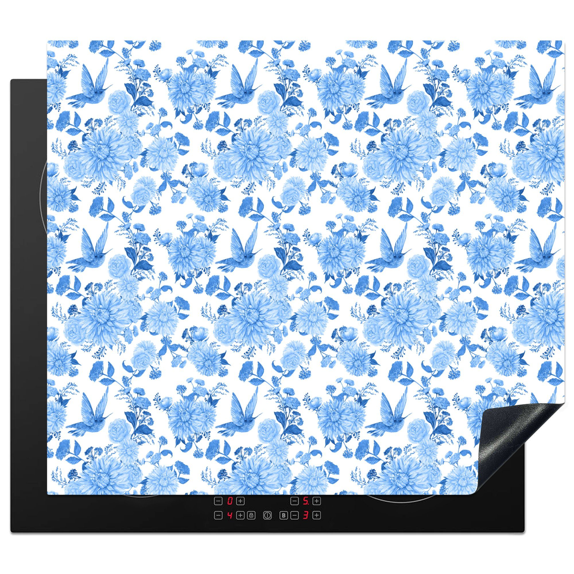 MuchoWow Herdblende-/Abdeckplatte Blumen - Muster - Blau, Vinyl, (1 tlg), 59x52 cm, Ceranfeldabdeckung für die küche, Induktionsmatte